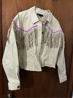 INC International Concepts Beige Jean Jacket with Pink Trim & Fringe